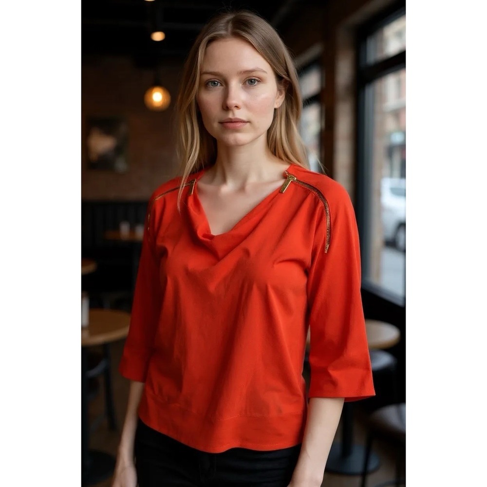 Michael Kors orange Swooped Neck Top with Zipper Detail, 2X, 3/4 length sleeves